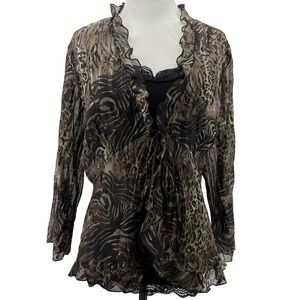 Notations Vintage Y2K Size‎ M Brown Sheer Ruffle Cardigan Tie Front Animal Print